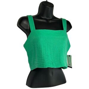 RIP CURL Premium Surf Crop Tank Top Sz XL Green Square Neck Smock Cotton Gauze